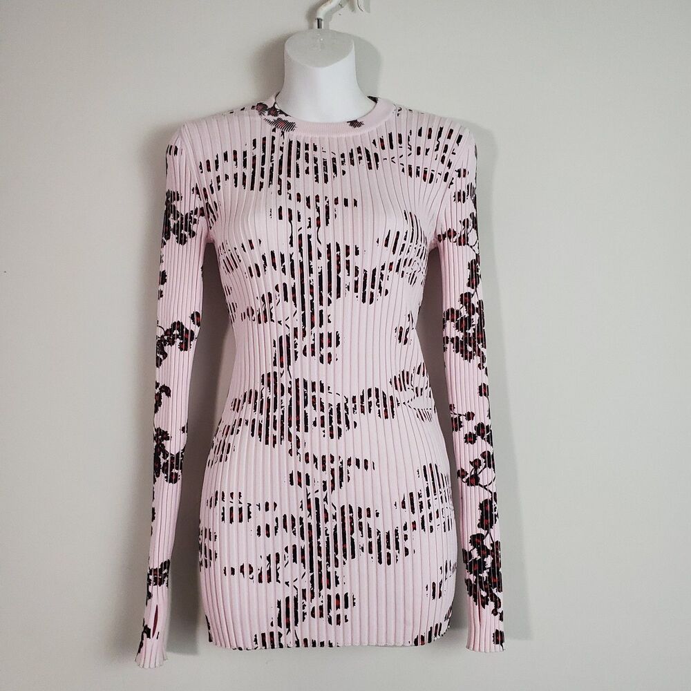 Paco Rabbane Sweater Small Pink Floral Ribbed Knit Romantic Coquette Ethereal